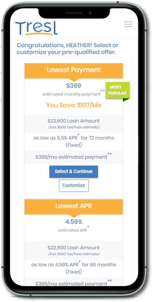 Tresl Pre-qualified Auto Loan Offers Screenshot